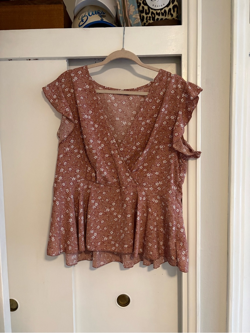 Women’s Rose Colored Floral Wrap Peplum Top